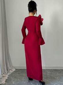 Modelyn Tailliertes & elegantes 3D-Blumen-Maxikleid mit Schlitz und Langarm für Frauen, burgunderrotes Maxikleid für Abendveranstaltungen - Bordeaux - Übersicht 2