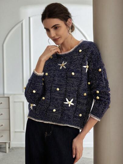 Aveloria Rosie Elegant High-End Slouchy Overlay Design Contrast Color Floral 3D Decor Crew Neck Sweater Oversized Sweater Knit Pullover Fall Winter