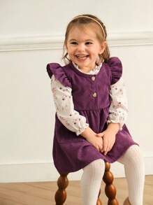 SHEIN 2pcs Baby Girl Autumn/Winter New Crinkle Print Floral Ruffled Collar Long Sleeve Corduroy Tie-Front Button Shirt And Pockets Blouse Set, Purple Corduroy Fabric, Vintage Cute Style - Multicolor - View 5