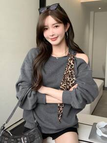 DAZY 1 件女式全印花豹纹系带拼接宽松休闲运动衫 - 灰色 - 查看 3