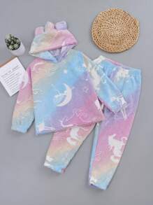 全新冬季服装女童独角兽图案羊毛连帽衫运动衫和裤子 2 件套睡衣套装、休闲睡衣、母子套装（单独出售） - 粉色 - 查看 3