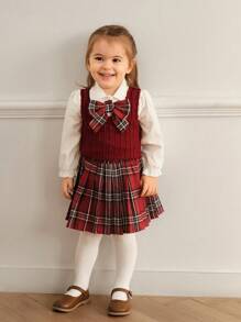 SHEIN 3 件套女婴时尚可爱春秋校园风格套装 - 针织背心、衬衫和百褶裙，韩国时尚 - 紅色 - 查看 1