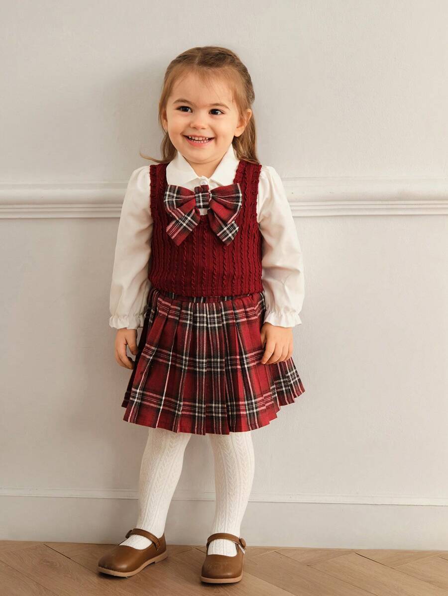 SHEIN 3 件套女婴时尚可爱春秋校园风格套装 - 针织背心、衬衫和百褶裙，韩国时尚 - 紅色 - 查看 1