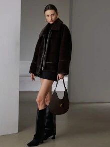 Aveloria Modichic Chaqueta de invierno de lujo con parches de piel de visón y, estilo retro americano con abrigo esponjoso, cremallera metálica, ropa de abrigo casual gruesa y cálida para mujer. Chaqueta de aviador con forro de borrego para ropa de fiesta navideña