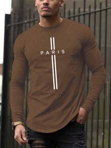 Manfinity Dauomo 男士休闲条纹字母印花 T 恤，秋季 - 咖啡棕 - 查看 1