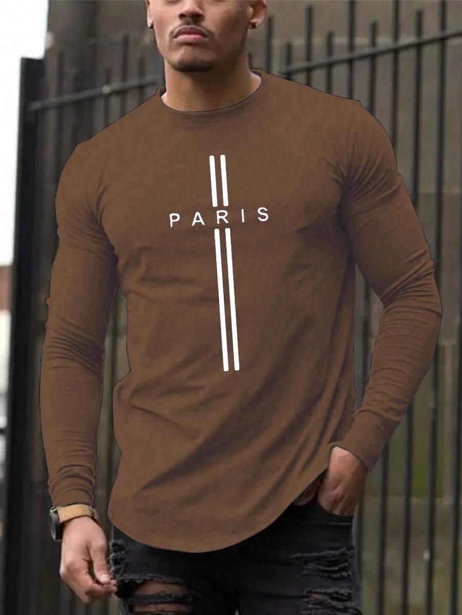 Manfinity Dauomo 男士休闲条纹字母印花 T 恤，秋季 - 咖啡棕 - 查看 1