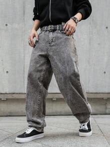 Claim Dot Men'S Contrast Stitching Slanted Pocket Baggy Denim Jeans - Light Grey - View 4