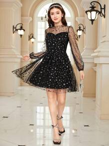 SHEIN 少女锡箔星形网眼圣诞派对礼服 - 黑色 - 查看 4