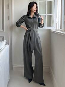 DAZY 女士休闲纯色长袖衬衫和蝴蝶结阔腿裤两件套，春秋季女装家居服套装