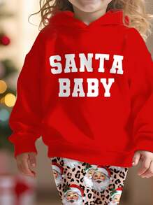 SHEIN 圣诞老人宝宝可爱圣诞老人豹纹休闲简约厚连帽衫和紧身裤 2 件套，适合秋冬季年轻女孩 - 彩色 - 查看 3