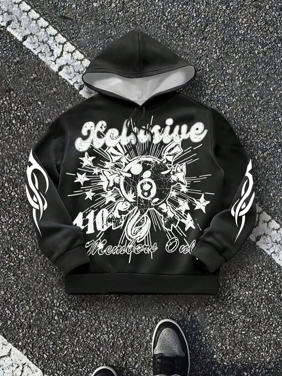 Manfinity Dauomo 男士字母印花简约连帽衫，休闲日常穿着 - 黑色 - 查看 1