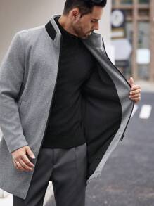 Manfinity Homme Men's Colorblock Stand Collar Long Sleeve Business Overcoat, Autumn Winter Vintage Light Grey Vacation Overcoat, For Friends, Husband, Boyfriend Gifts - Grey - View 7