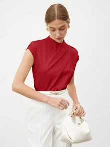 SHEIN BIZwear Women's Solid Color Stand Collar Pleated Sleeve Elegant Commuting Shirt - Red - View 8