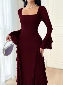 Modelyn 女士纯色方领喇叭袖长款优雅连衣裙长款晚礼服 - 紫紅色 - 查看 4