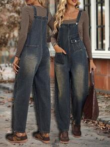 EMERY ROSE Women's Solid Color Pocket Casual Dungarees/Overalls, Autumn