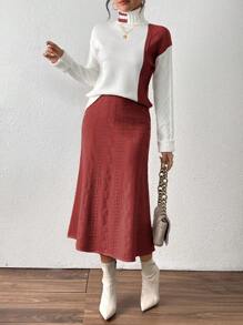 Calvaya Vestido largo elegante y de moda con escote en V, contraste de colores, lazo, manga con campana de cola de pez, para otoño/invierno, estilo europeo y americano