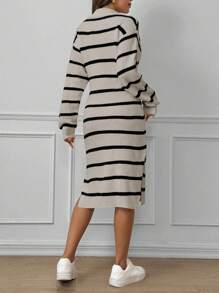 Chiquease Women Casual Minimalist Colorblock Striped Side Slit Knitted Sweater Dress, Autumn/Winter