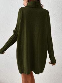 SHEIN Clasi Solid Color Turtleneck Ribbed Batwing Sleeves Sweater Dress - Army Green - View 2