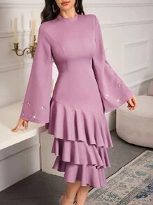 Modelyn Vestido de noche largo de manga larga hasta la mitad de la pierna, de cuello alto con cristales y volantes en capas, elegante para damas - Rosa - Ver 4