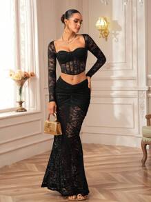 Taranthola Designer Black Sheer Lace Ruched Wrap Mermaid Sexy Long Skirt Party Skirt, Going Out, Spring & Summer, Festival - Black - View 1