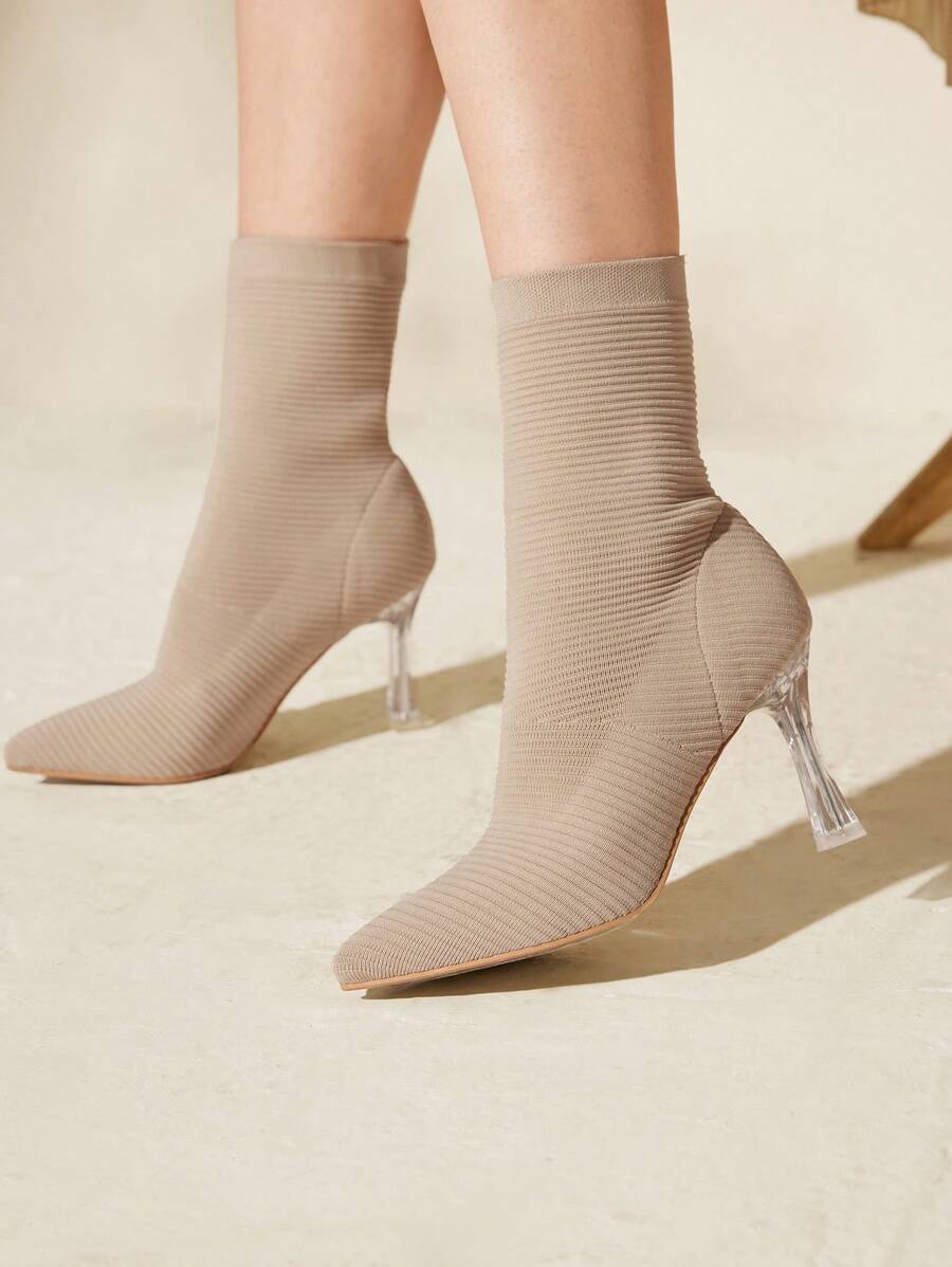 CUCCOO BASICS 时尚杏色高跟尖头弹力针织踝靴，适合通勤、约会、聚会、节日和度假，适合圣诞节和新年假期氛围秋冬季 - 杏色 - 查看 1