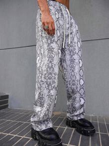 Manfinity EMRG Men's Snake Skin Print Pattern Elastic Waist Straight Leg Pants, Men's Street-Style INS Loose-Fit Long Pants, Y2k Baggy Going Out Slacks Pants, For Husband, Boyfriend Gifts - Multicolor - View 3