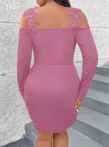 SHEIN Clasi Plus Size Solid Color Floral Applique Wrapped Ruched Long Sleeve Dress - Pink - View 2