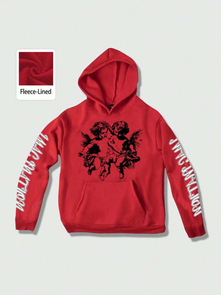 ROMWE MEN Street Life 男士天使字母印花连帽衫 - 紅色 - 查看 3