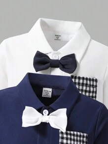 Abito elegante da ragazzo con stampa a quadri, decorazione fiocco, bottoni davanti e maniche lunghe - Multicolore - Visualizzare 3