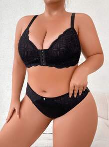 2pcs/Set Plus Size Lace Patchwork Front Button Closure Wire-Free Bra Lingerie Set - Black - View 7