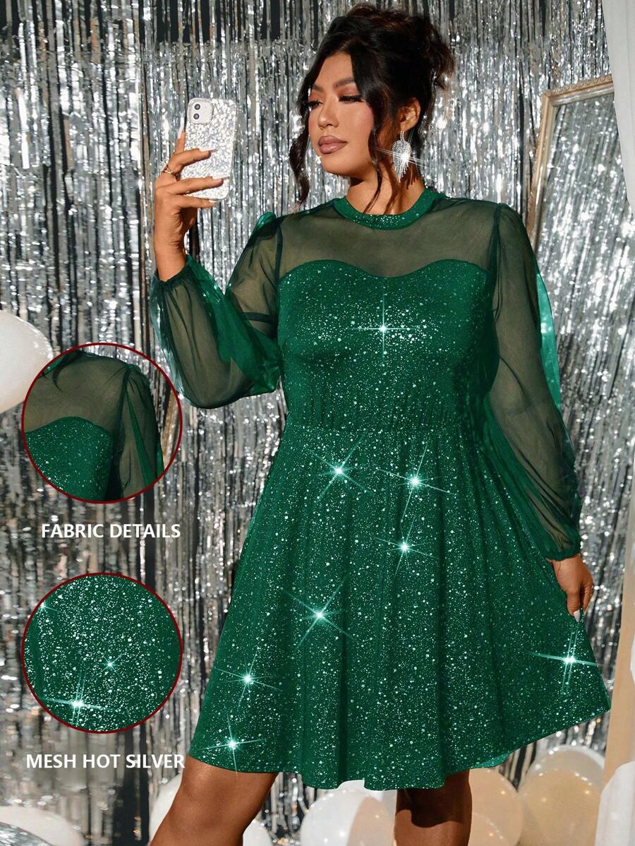 Celure Plus Size Sequin And Mesh Patchwork Elegant Long Sleeve Dress ...