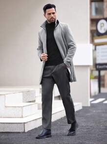 Manfinity Homme Men's Colorblock Stand Collar Long Sleeve Business Overcoat, Autumn Winter Vintage Light Grey Vacation Overcoat, For Friends, Husband, Boyfriend Gifts - Grey - View 4
