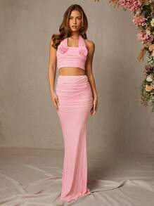 L'Amorae Ropa de invierno para mujer, falda larga elegante de unicolor rosa con volumen en la cintura alta y diseño de cola de pez para boda, fiestas, eventos formales