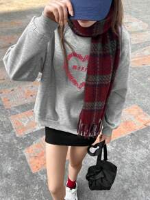 Jouncy Women's Heart & Cherry Print Round Neck Casual Sweatshirt, Autumn, Fall Outfit