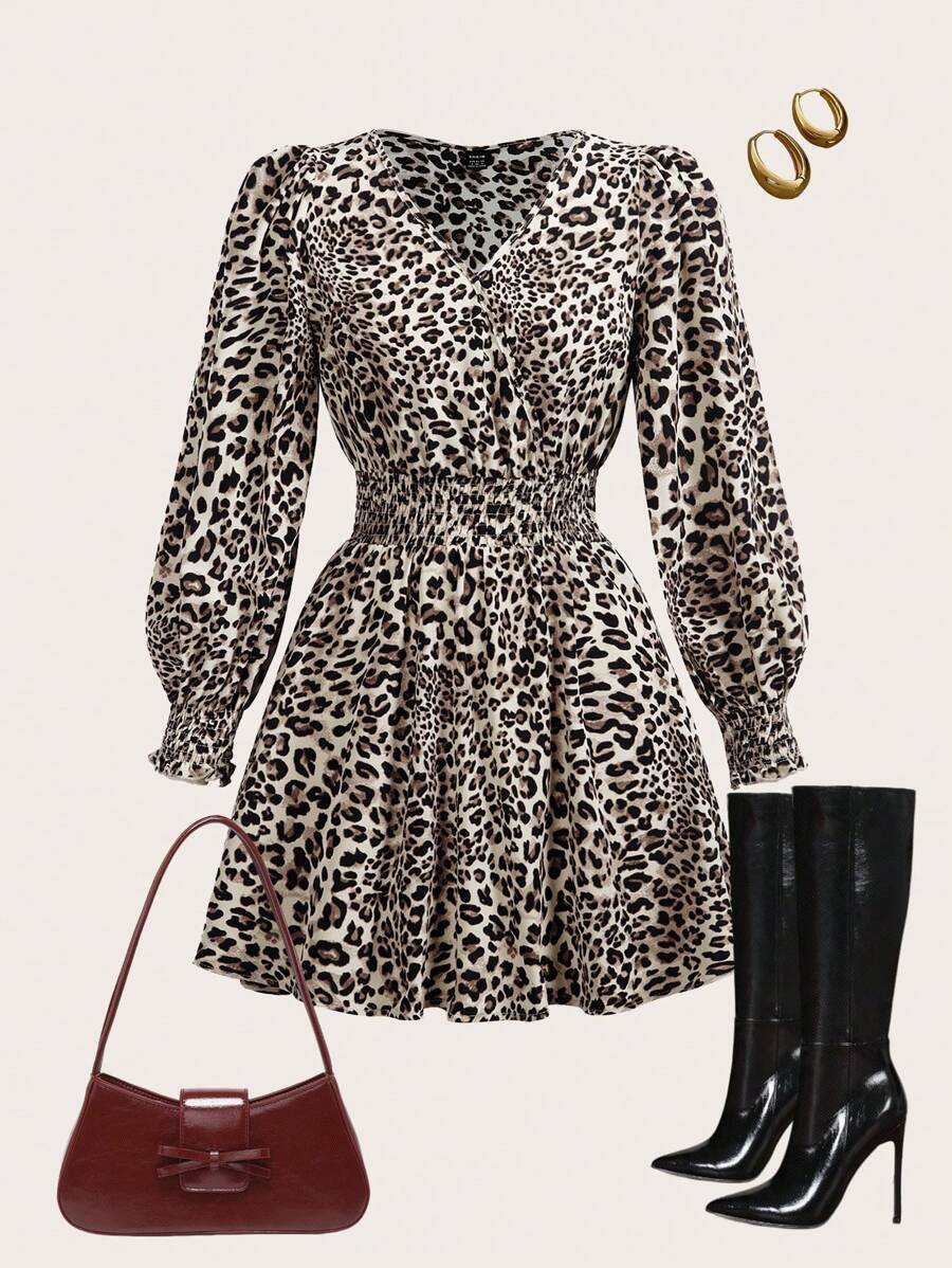 Ellevyn Robe décontracté à manches lanternes imprimée léopard à la mode pour femmes, automne/hiver - Multicolore - Voir 1