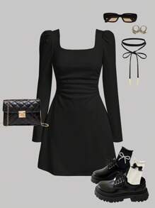 SHEIN Leap Crew 年轻女孩优雅复古方领灯笼长袖 A 字连衣裙，黑色，羊腿袖长袖蛋糕连衣裙，适合生日派对、度假，非常适合秋冬季休闲和日常穿着和上学日常，适合圣诞节、公主裙、母女搭配、姐妹和我搭配。