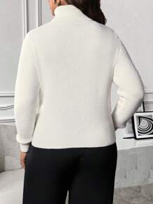 Celure Plus Size Solid Color Turtleneck Fitted Sweater, For Autumn/Winter Knit Pullover Fall - White - View 2