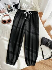 SHEIN EZwear Plus Size Dames, Werkbroeken, Zwarte Thermisch Gevoerde Casual Joggingbroek Met Trekkoord Taille, Herfst/Winter
