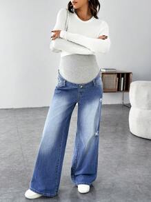 SHEIN Maternity Gray Knitted Patchwork Blue Denim Loose Distressed Straight Leg Jeans - Blue - View 4