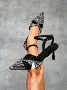 CUCCOO SZL Zapatos de tacón de aguja con tacón alto con adorno de strass puntiguados para mujer, tacones sexy de fiesta, coordinación de atuendo casual de primavera y salida nocturna - Negro - Ver 2