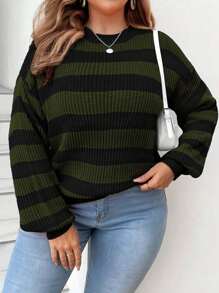 Calvaya Plus Size Women's Casual Striped Round Neck Drop Shoulder Long Sleeve Sweater, Autumn/Winter Knit Pullover Fall - Army Green - View 3