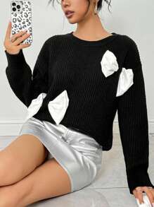Chiquease Autumn/Winter Contrast Color, Bow Decor, Loose Warm And Comfortable Pullover Sweater