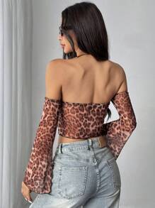 INAWLY 1pc Women Retro Leopard Print Flared Sleeve Blouse