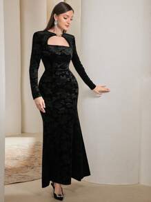 Modelyn Women Floral Jacquard Hollow Out Long Sleeve Elegant Slim Fit Dress Long Evening Dresses - Black - View 5