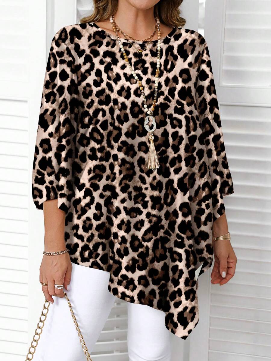 EMERY ROSE 极简主义全身印花休闲大码衬衫，春/秋豹纹上衣猎豹印花上衣动物印花上衣