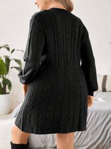 Calvaya 大码女式优雅复古粗针织 V 领腰部收紧 A 字灯笼袖毛衣连衣裙，适合冬季 - 黑色 - 查看 2