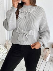 SHEIN Clasi Suéter de punto con lazo como detalle, de uso diario y casual, talla grande, para otoño/invierno - Gris Claro - Ver 5