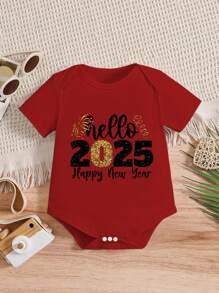 男婴2025新年快乐印花短袖连体衣 - 紅色 - 查看 1