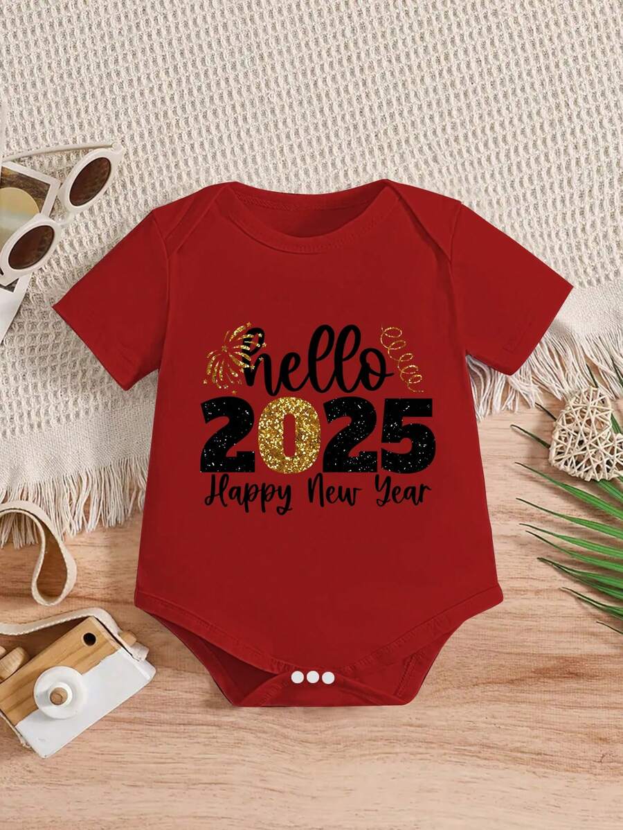 男婴2025新年快乐印花短袖连体衣 - 紅色 - 查看 1