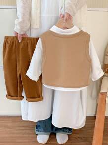 Bộ 3 món quần áo trẻ em Tween Boy Casual School Academy cổ chữ V không tay, áo sơ mi dài tay vải nhung cổ polo và quần ống đứng rộng rãi, thích hợp mặc khi đi học, làm vườn, đi biển, sinh nhật, mùa xuân, mùa hè, mùa thu, mùa đông - Nhiều màu - Xem 5